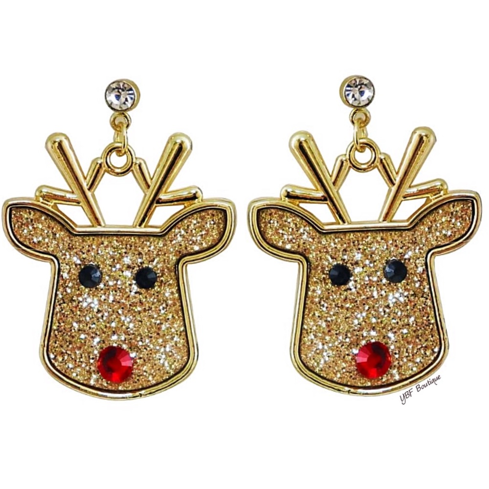New Gold Glitter & Red Rhinestone Reindeer Christmas Post Statement Earrings - Picture 3 of 4